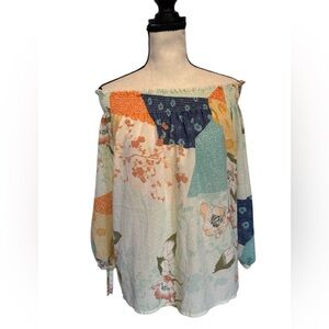 Anthropologie Sanctuary Shirt Womens Asian Floral Patchwork Off Shoulder size XS